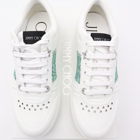 NIB Jimmy Choo Hawaii Leather Glitter Stripe Trainers Sneakers Shoes - Picture 3 of 11